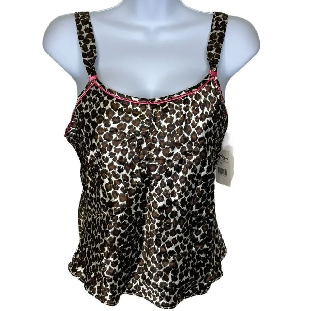 NWT Vintage Y2K Kathryn Leopard Camisole Top Tan Black Ivory Wet Pink Trim Small